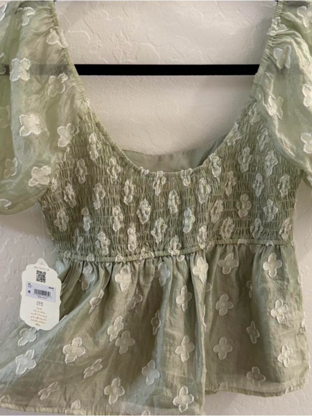 New! Altar'd State Babydoll Puff Sleeve Top - Sage Green
